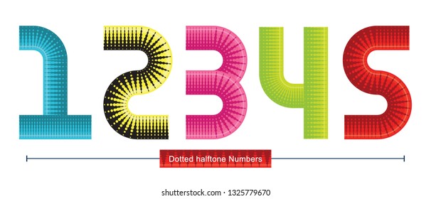 Vector graphic numbers in a set 1,2,3,4,5, with Colorful dotted halftoned font style