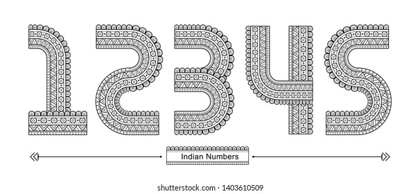 Vector graphic numbers in a set 1,2,3,4,5, with Abstract Indian ethnic style. Typography design for posters, logos, cover, etc.