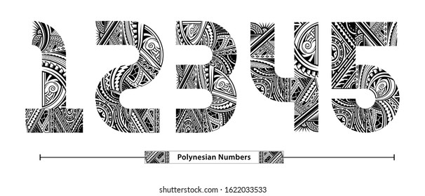 Vector graphic numbers in a set 1,2,3,4,5, with Polynesian Tattoo ethnic tribal font style