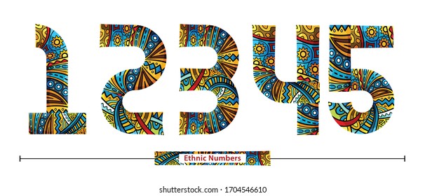 Vector graphic numbers in a set 1,2,3,4,5, with Colorful  ethnic tribal fonts style