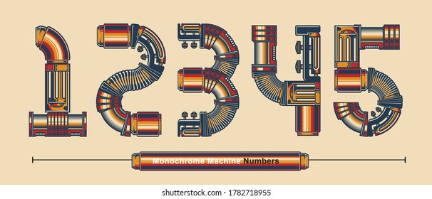 Vector graphic numbers in a set 1,2,3,4,5, with Abstract Monochrome Vintage machine color Font. Typography design for posters, logos, cover, etc.