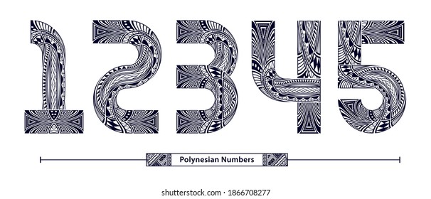 Vector graphic numbers in a set 1,2,3,4,5, with Polynesian Tattoo ethnic tribal font style