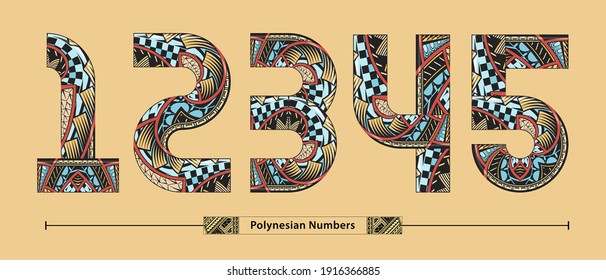 Vector graphic numbers in a set 1,2,3,4,5, with Polynesian Tattoo ethnic tribal font style
