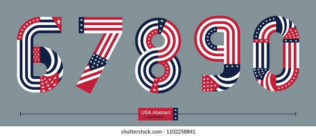 Vector graphic numbers in a set 6,7,8,9,0, with USA flag abstract style