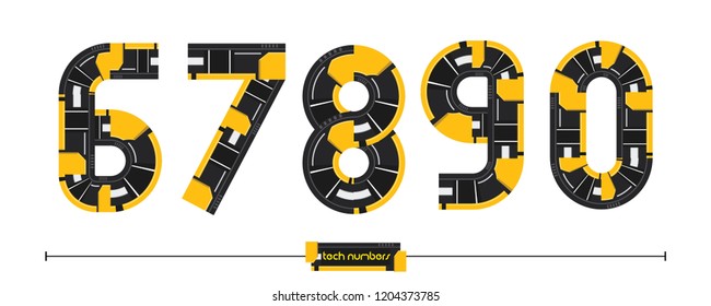 Vector graphic numbers in a set 6,7,8,9,0, with Modern Tech Yellow color style