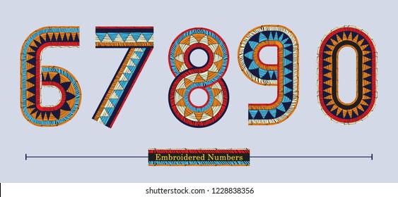 Vector graphic numbers in a set 6,7,8,9,0 with embroidered fabric with calligraphy