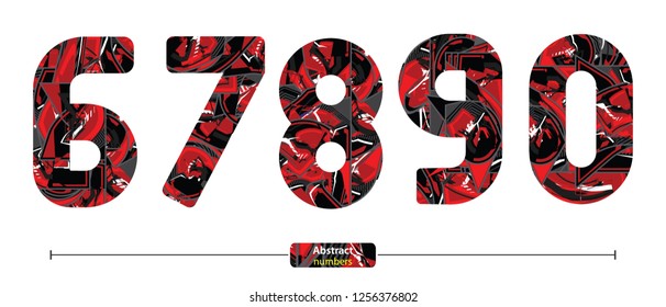 Vector graphic numbers in a set 6,7,8,9,0, with abstract red style