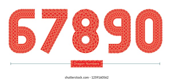Vector graphic numbers in a set 6,7,8,9,0 with Red Dragon texture font style