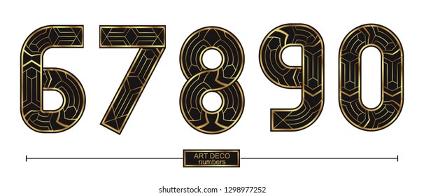 Vector graphic numbers in a set 6,7,8,9,0, with Art Deco golden color style