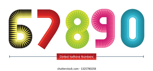 Vector graphic numbers in a set 6,7,8,9,0, with Colorful dotted halftoned font style