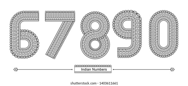 Vector graphic numbers in a set 6,7,8,9,0, with Abstract Indian ethnic style. Typography design for posters, logos, cover, etc.