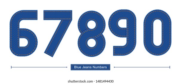 Vector graphic numbers in a set 6,7,8,9,0, with Abstract Blue Jeans Fabric fonts. Typography design for posters, logos, cover, etc.