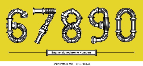 Vector graphic numbers in a set 6,7,8,9,0, with Abstract Engine monochrome. Typography design for posters, logos, cover, etc.