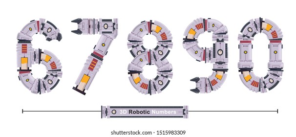 Vector graphic numbers in a set 6,7,8,9,0, with Abstract 3D Robot Font. Typography design for posters, logos, cover, etc.