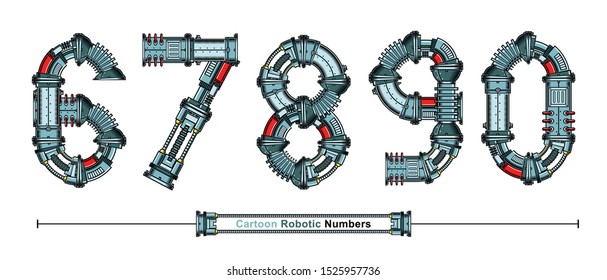 Vector graphic numbers in a set 6,7,8,9,0, with Abstract Cartoon Robot Font. Typography design for posters, logos, cover, etc.