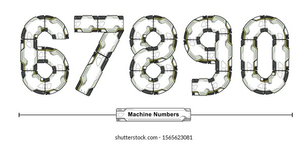 Vector graphic numbers in a set 6,7,8,9,0, with Abstract Futuristic Machine Font. Typography design for posters, logos, cover, etc.