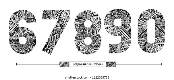 Vector graphic numbers in a set 6,7,8,9,0, with Polynesian Tattoo ethnic tribal font style