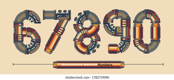 Vector graphic numbers in a set 6,7,8,9,0, with Abstract Monochrome Vintage machine color Font. Typography design for posters, logos, cover, etc.