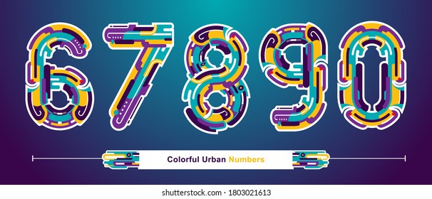 Vector graphic numbers in a set 6,7,8,9,0 with Abstract colorful urban modern Font. Typography design for posters, logos, cover, etc.