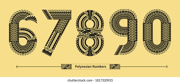 Vector graphic numbers in a set 6,7,8,9,0 with Polynesian Tattoo ethnic tribal font style
