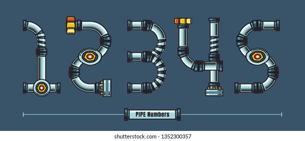Vector graphic numbersin a set 1,2,3,4,5, with Metal pipes comic font style