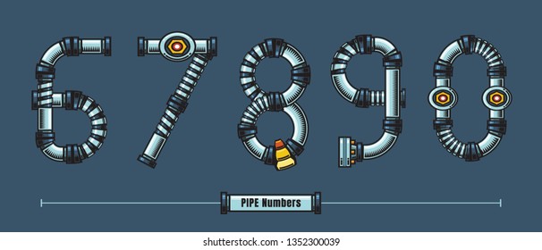Vector graphic numbersin a set 6,7,8,9,0, with Metal pipes comic font style