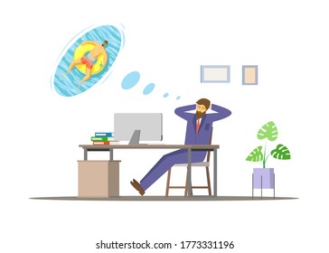 Vector graphic. Office worker dreams about vacation.