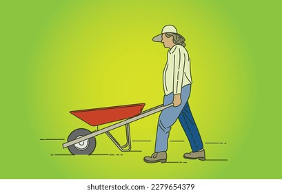 Vector graphic of an older woman pushing a red wheelbarrow