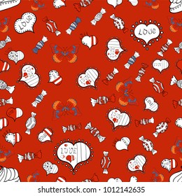 Vector. Graphic on red, white colors. Hand drawn illustration in cartoon style. Seamless pattern love pattern with nice lettering calligraphy text and hearts, doodles. Art for web, print, fabric.