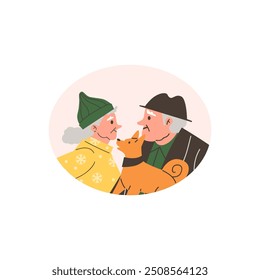 Vector graphic on a white background of a retired couple with gray hair, wearing jackets and hats, happily spending time with their dog outdoors.