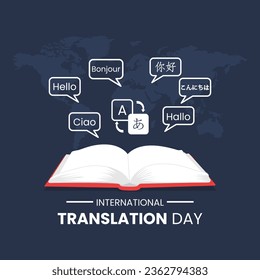 Vector graphic of open book shows words in each language suitable for international translation day