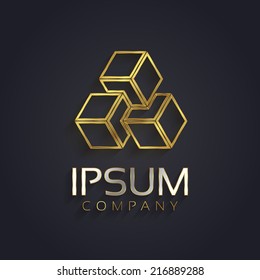 Vector graphic optical illusion / geometric cube symbol for your company in gold with silver sample text