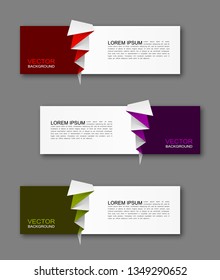 Vector graphic origami design banner backgrounds in three different colors. Paper square banner origami style. Abstract vector pointer