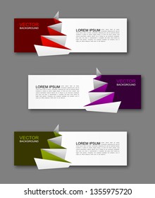 Vector graphic origami design banner backgrounds in three different colors. Paper square banner origami style. Abstract vector pointer