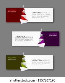 Vector graphic origami design banner backgrounds in three different colors. Paper square banner origami style. Abstract vector pointer