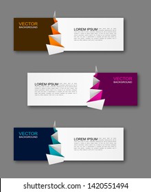 Vector graphic origami design banner backgrounds in three different colors. Paper square banner origami style. Abstract vector pointer