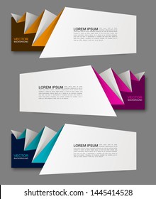 Vector graphic origami design banner backgrounds in three different colors. Paper square banner origami style. Abstract vector pointer