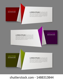 Vector graphic origami design banner backgrounds in three different colors. Paper square banner origami style. Abstract vector pointer
