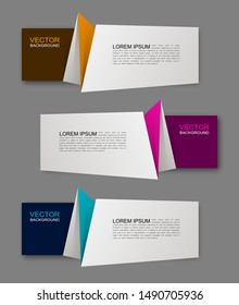 Vector graphic origami design banner backgrounds in three different colors. Paper square banner origami style. Abstract vector pointer