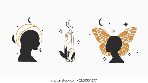 Vector graphic outline logo collection set with crystals,butterfly,moon,stars and beautiful woman silhouettes .Astrology mystic minimal concept for branding.Bohemian,feminine magic mystic line art.