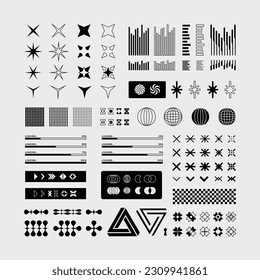 Vector graphic pack, geometry assets, modern shapes collection, stricker elements, variety of alternative custom icons, y2k style, grunge, vintage, retrofuturistic, cyber, anti-design, minimal, tattoo