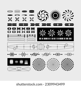Vector graphic pack, geometry assets, modern shapes collection, stricker elements, variety of alternative custom icons, y2k style, grunge, vintage, retrofuturistic, cyber, anti-design, minimal, tattoo