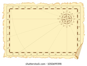 Vector graphic page in form of an old not filled navy chart with place for drawings or records. Concept of pirate card. Suitable for daily records, notes, children's games, thematic children's rooms