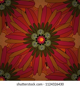 Vector graphic painting of falling flowers, doodles, grunge textures. Floral background for abstract design. Vector. Abstract fall seamless pattern in bright autumn colors (orange, brown and red).