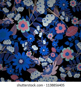 Pintura gráfica vectorial de flores caídas, garabatos, texturas gruesas. Vector. Los colores de otoño brillantes (azul, negro y gris) caen sin fisuras. Fondo floral para el diseño abstracto.