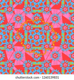 Vector graphic painting of falling flowers, doodles, grunge textures. Vector sketch. Floral background for abstract design. Abstract fall seamless pattern in bright autumn colors (red, pink and blue).