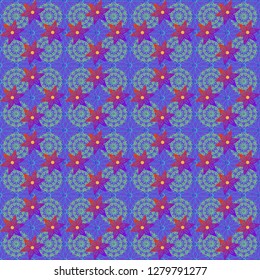 Vector graphic painting of falling flowers, doodles, grunge textures. Floral background for abstract design. Abstract fall seamless pattern in bright autumn colors (violet, blue and green). Vector art