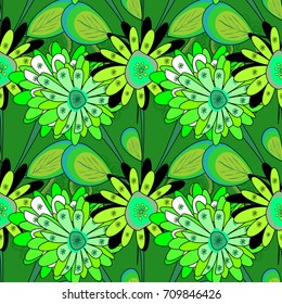 Vector graphic painting of falling flowers, doodles, grunge textures. Vector. Abstract fall seamless pattern in bright autumn colors (green, blue and black). Floral background for abstract design.