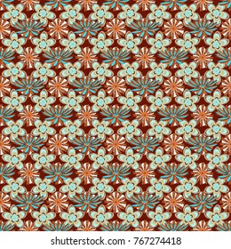Vector graphic painting of falling flowers, doodles, grunge textures. Floral background for abstract design. Abstract fall seamless pattern in bright autumn colors (red, orange and blue). Vector.