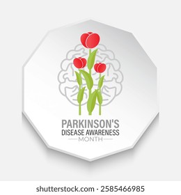 Vector graphic of Parkinson's Disease awareness month is observed every year in April. A mix of red tulips, brain illustrations. The red tulip and Realistic Ribbon. Posters, flyers, banners, cards.